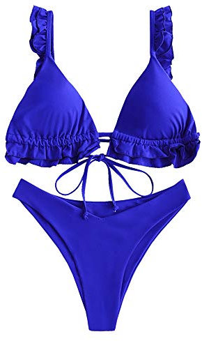 ZAFUL Damen Gepolsterte Bikini Set, Dreieck Cup Rüschen Krawatte High Cut Bikini Badeanzug (A-Blau,M)