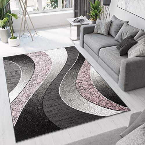 TAPISO Dream Tapis de Salon Chambre Salle à Manger Adulte Bureau Design Moderne Rose Gris Noir Abstrait Motif Ondes Vagues Poil Court Fin Doux Léger Résistant 80 x 150 cm