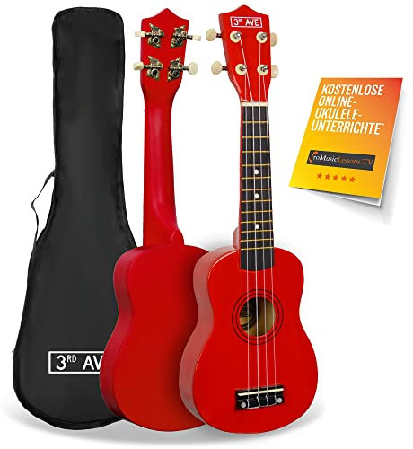 3rd Avenue Sopran-Ukulele für Anfänger, 54 cm/21“ mit Ukuleletasche – in Rot – KOSTENLOSE 1-monatige Online-Lektionen