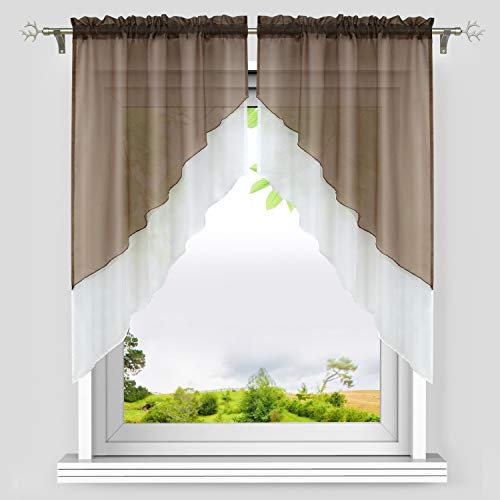 HeichkelL Voile Scheibengardine Bogen Set 2-Teilige Kleinfenster Vorhang Tunnelzug Kurzstores Doppelschichtige Küchengardinen Braun BxH 90x100 cm (Jedes Stück)