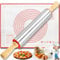 Rolling Pin and Silicone Baking Pastry Mat Set, Smooth Non Stick Stainless Steel Dough Roller, Rolling Pins with Wooden Handle + BBQ Mat for Baking Pizza, Pastries, Pasta, Cookies, Fondant Icing