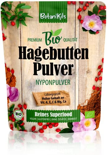 Bio Hagebuttenpulver 1kg, fein steingemahlen, für die Knochen- und Muskelsystemfunktion mit garantiert natürlichem Gehalt an Ca, Mg, VIT. C, A, E, glutenfrei, vegan und zusatzfrei