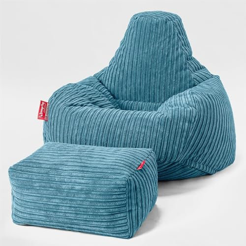Lounge Pug - Gaming Sitzsack Sessel mit Hocker - Cord Türkis - Teardrop - Sitzsack Sessel