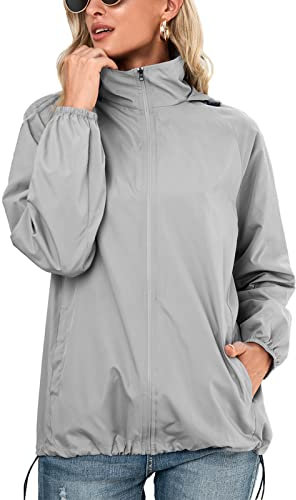 SotRong Giacche impermeabili da donna giacca antipioggia ripiegabile leggera primavera estate giacca ad asciugatura rapida cerniera giacca con cappuccio all'aperto, Grigio, L