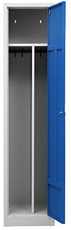 Schrank & Stuhl Spind – Metallspind mit einem Abteil in 180 x 41,5 x 50 cm, inkl. Hutboden, Trennwand und Zylinderschloss, Lieferung komplett montiert, Grau/Blau