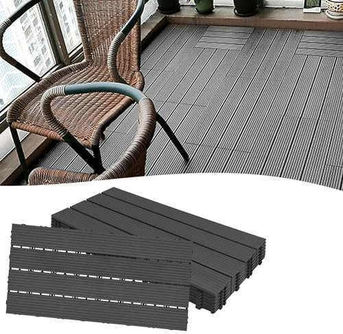 YARDIN 12 Stück WPC Terrassenfliesen, Holzoptik Klickfliesen, 30x60 cm Wetterfest Balkonfliesen, Balkon Bodenbelag Fliesen für Garten und Terrasse, Anthrazit, Gesamt 2m²