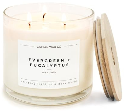 Calyan Wax Co. Evergreen & Eucalyptus 3 Wick Scented Candle - 43 Hour Burn - Luxury 3 Wick Soy Candles - Non Toxic Soy Wax Candles - Long Lasting Large Glass Jar Candle for Home - 14.9oz