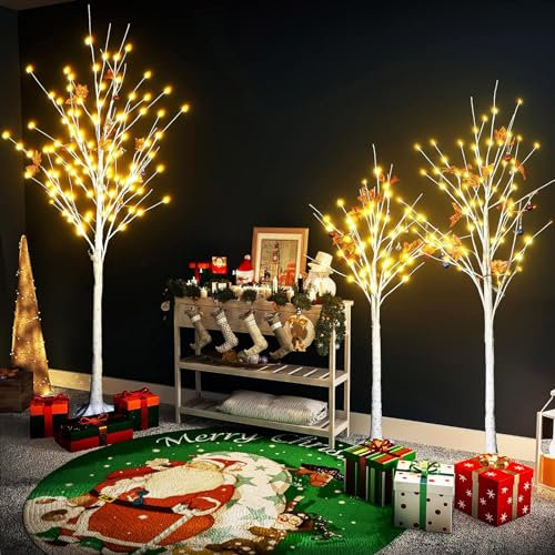 AWQM Árbol de cerezo iluminado de 4 pies, 5 pies y 6 pies, paquete de 3, 200 luces LED, 24 hojas de arce, 24 bolas, para el hogar, festival, fiesta y decoración de Navidad, uso en interiores y