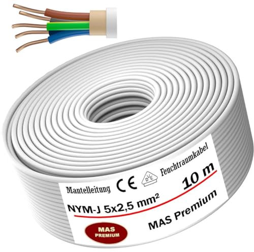 Cavo di alimentazione per ambienti umidi, 5, 10, 15, 20, 25, 30, 35, 40, 50, 60, 70, 75, 80, 90 o 100 m, NYM-J 5 x 2,5 mm², cavo elettrico ad anello per installazione fissa (10 m)