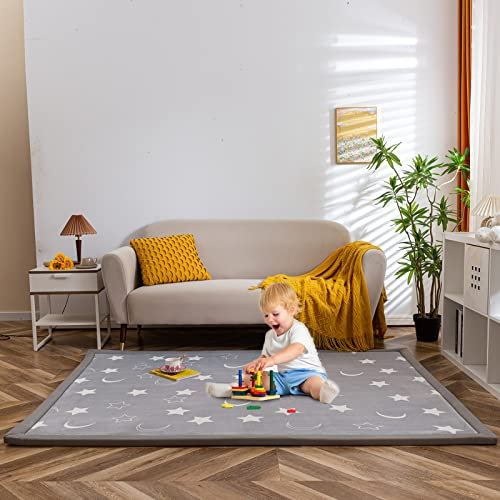 BYBYME Korallen Samtmatte Kinderteppich - Krabbeldecke für Baby Teppich - Extra Dicke 3cm und Weiche Krabbelmatte in Schönem Farbe - als Yogamatte und Teppich Wohnzimmer (Mondstern, 150×150cm)