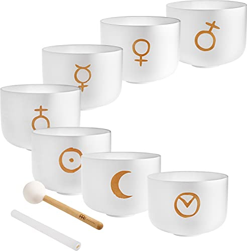 Sonic Energy Planetary Crystal Singing Bowl Chakra Set (PCSBSETCHA) | 7-teilig, Planetenfrequenzen (Hans Cousto), inkl. 7x Silikonring, 1x Schlägel, 1x Reiber, Quarz (white-frosted)