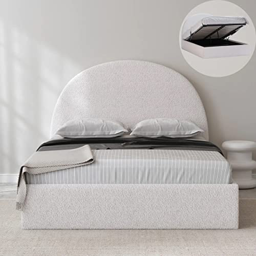 SANA SLEEP 4FT6 Double Size Arch Ivory White Boucle Fabric Gas Lift Storage Bed Frame
