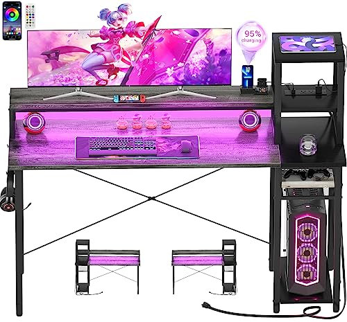 armocity Scrivania da gioco 2023 con luci LED, piccola scrivania per computer con supporto lungo per monitor, tavolo reversibile per laptop da 47,2 pollici con ripiani portaoggetti, scrivania piccola