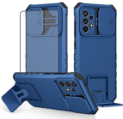 Asuwish Phone Case for Samsung Galaxy A52/A52S 5G with Tempered Glass Screen Protector and Slide Camera Cover Kickstand Stand Slim Protective Cell Accessories A 52 S 4G G5 52A S52 52S Women Men Blue