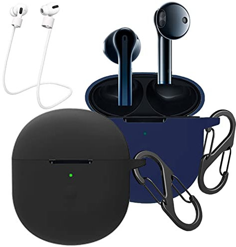 [2-Pack] easyBee Hülle Kompatibel mit Vivo True Wireless Stereo Neo, mit 2 Karabiner 2 Anti-Verlust-Gurte, Flüssiges Silikon Case Ultradünn Stoßfest Schutzhülle Kopfhörer Tasche - Schwarz Blau