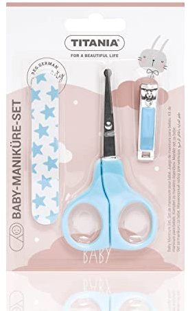 TITANIA Baby Maniküre Set (3-tlg.) • Baby Nagelschere, Baby Nagelknipser & Baby Nagelfeile • Baby Ausstattung • Baby Nagelpflegeset • Pflegeset für Kleinkinder • Babypflege-Set Blau