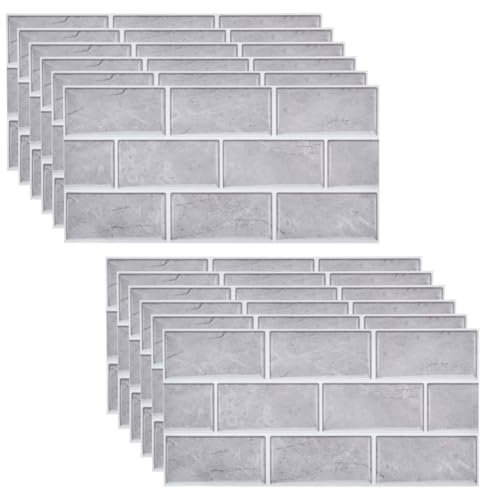 TIMESETL 12 Sheets Brick Tile Stickers, Self Adhesive Wall Tiles, Peel and Stick Wall Tiles, Waterproof Splashback Tilesfor Kitchen & Bathroom - 30x15cm (grey)