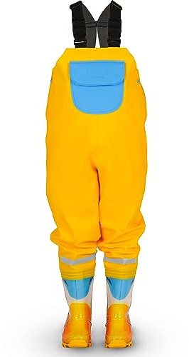 LOVRAIN Children Kids Toddlers Waterproof Chest Waders with Pocket and Bag (Size Name for Boots Sizes, Ages 1.5-9)