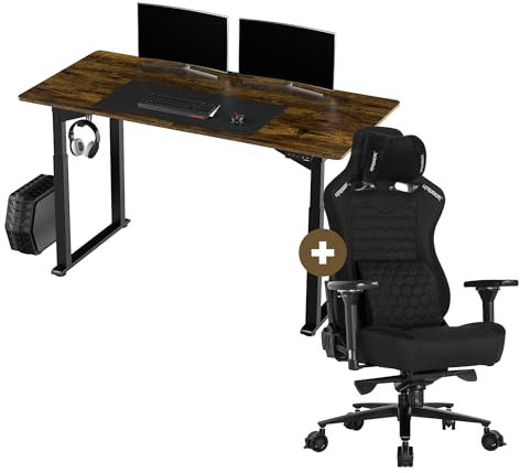 ULTRADESK Uplift Computertisch Gaming Tisch Schreibtisch + Stuhl Throne - Stahlkonstruktion - Platz für DREI Monitore - Elektrische Höheneinstellung - Langlebiger Gaming Stuhl - Zubehör - Braun