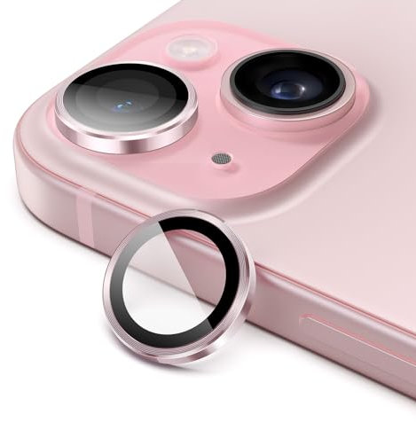 JETech Kameraschutz für iPhone 15 6,1 Zoll und iPhone 15 Plus 6,7 Zoll, 9H Panzer Schutz Glas Folie Individuelle Ring aus Metall, HD Klar, 1 Set (Rosa)