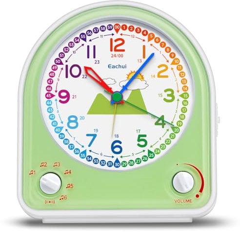 Eachui Analog Wecker für Kinder mit Schlummerfunktion, Nachtlicht, Einstellbarer Lautstärke und 7 Alarmtöne, Quarzwecker ohne Ticken mit Klarem Zifferblatt für Jungen Mädchen (Grün)