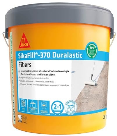 SIKA - Impermeabilización reforzada con fibra - SikaFill 370 Fibers - Blanco -Pintura acrílica con fibras de vidrio para impermabilización de cubiertas, terrazas visitables - Puenteo de fisuras - 20kg