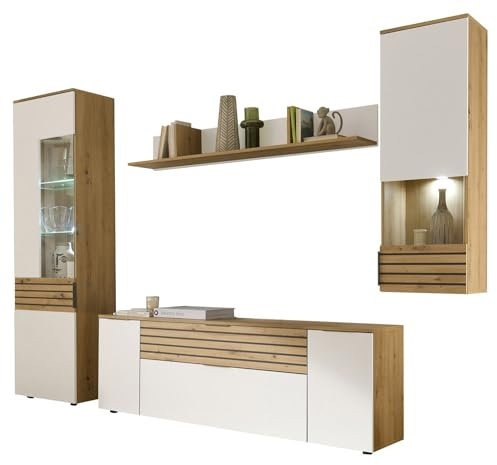 DEINE TANTE EMMA 89-745-T2 Anbauwand BZ5110 Wohnwand Artisan Eiche Nb. / Weiß Akustiklamellen ca. 280 x 199 x 37 cm