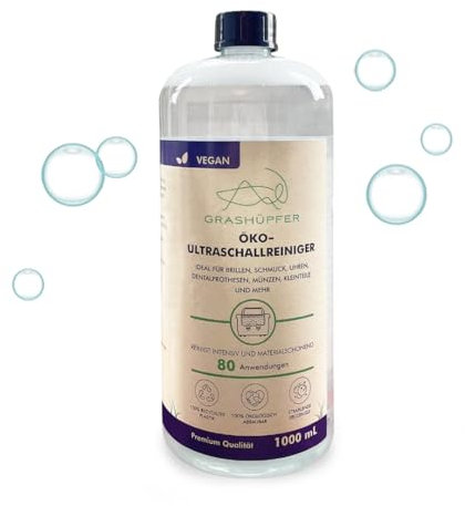 GRASHÜPFER® Öko Ultraschallreiniger Konzentrat | 1L Konzentrat für bis zu 100 Liter I Reinigt Brillen, Schmuck, Zahnersatz und Kleinteile I kompatibel mit allen Ultraschallreinigungsgeräten