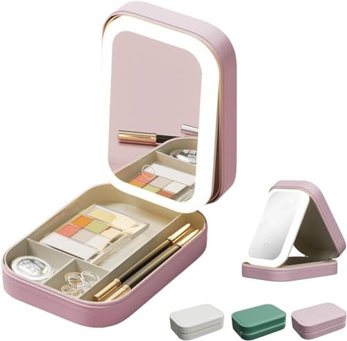 Deysen Integrated Makeup Storage Box with Light-Filling Mirror, 3 Color Modes, LED Complementary Light, Cosmetic Case, Folding Case (Pink)