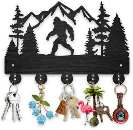 MAYJOYDIY Schlüsselbrett Holz Mit Bergaffen Motiv 30x20cm Wandmontage Kunstdekor Mit Berg Waldtiermotiv Mit 5 Haken Wohndekoration Für Eingangsbereich, Flur, Küche