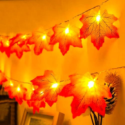 XVZ Cadena de luces de hoja de arce, 3m 20 LED Guirnalda de luces con temporizador y funcionamiento a pilas, decoración de otoño Halloween Acción de Gracias - Hoja Arce Roja