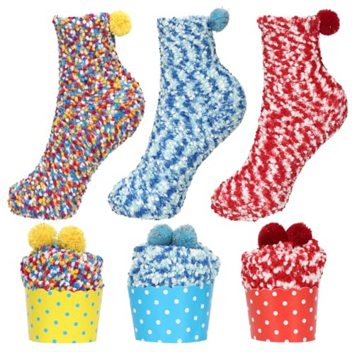 Aurasky Calzini Natalizi, 3 Paia Calze Cupcake, Calzini Donna Divertenti, Calze Natalizie, Calzettoni Donna Invernali, Calze Termiche per Natale Capodanno San Valentino Compleanno Regalo