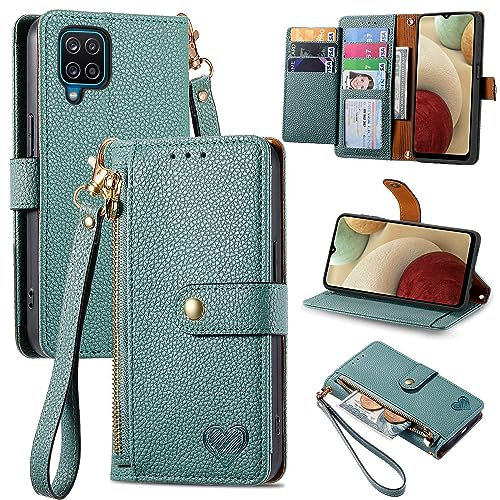 VEEMOS Zipper Wallet Case for Samsung Galaxy A12 / M12 Phone Case with Purse Card Holders RFID Blocking Leather Flip Case Book Cover Wrist Strap Women - Green