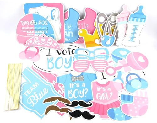 Bailinks Set di 30 Accessori per Foto Booth Divertenti, Ideali per Gender Reveal e Baby Shower, Decorazioni per Feste di Nascita e Battesimo, Puntelli per Foto Creativi per Neonati