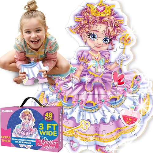 QUOKKA Glitter Floor Puzzles for Kids Ages 3-5 - 2x3 Feet 48 Piece Puzzles for Toddlers 2-4 - Shaped Large Giant Educational Toddler Puzzles Ages 24+ Months - Princess Game for 4 Year Old