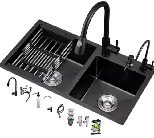 Fregadero De Cocina De Dos Senos Fregadero De Acero Inoxidable Negro Fregadero De Cocina Grifo Extraíble Negro Accesorios Completos(80x45x22cm)