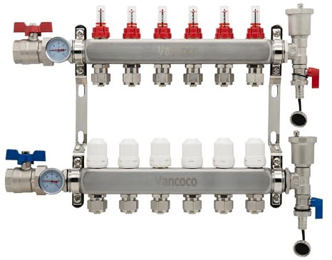 Vancoco 6-Port Stainless Steel Manifold Set, 3/4 Euro Conus (16×2 mm) Fittings, with Flow Meter, Auto Air Vent and 1 Ball Valves, Complete Underfloor Heating Kit