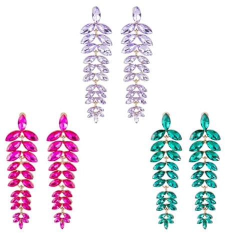 SUPERFINDINGS 3 Paar Kristall Kronleuchter Ohrringe Strass Blatt Ohrringe Lange Braut Ohrringe Schmuck Für Frauen Und Mädchen Hochzeit Party