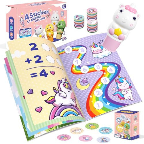 Plunack Sticker Stempel, 24-Seitiger Aktivitätenblock mit 800 Aufkleber, Fidget Toys Bastelspielzeug, Reisespielzeug für Kinder ab 3 4 5 6 7 Jahren - Einhorn