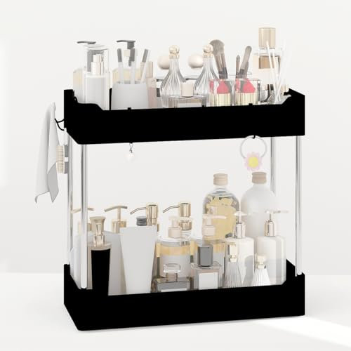 XingyLi Badezimmer Organisator Arbeitsplatte Lagerung, 2 stufiges schwarzes Eitelkeitstablett, Abnehmbares Kosmetikregal Stehendes Regal, Aufbewahrung Ablage Halter für Haus Kommode Küche Gewürz Büro