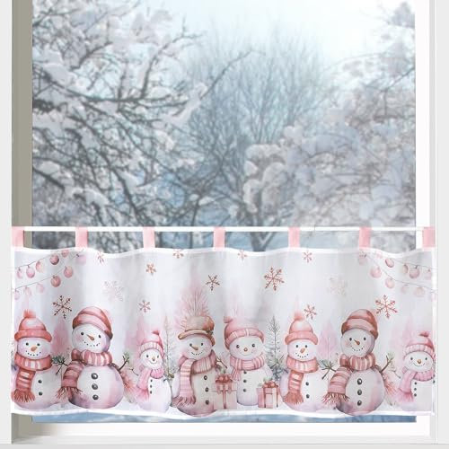 heimtexland ® Scheibengardine Weihnachten Fensterdeko Weihnachtsgardine Bedruckt Deko Gardine Voile transparent weiß 45x120 Winter Typ651 Schneemann rosa