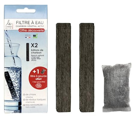 Filtre à eau au charbon végétal actif, lot de 3 avec 1 filtre à gourde offert, bâtons de charbon filtrants purifie l'eau du robinet pour carafe et gourde