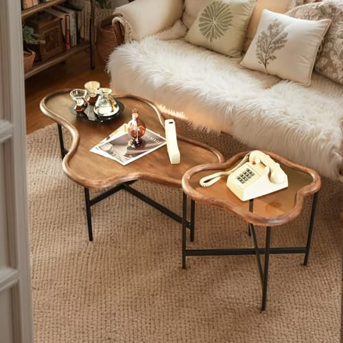 Zouron Satztisch Couchtisch Holz Oval Ellipse Wohnzimmertisch Holz Coffe Table Gehärtetes Glas Vintage Dunkelbraun Tisch 2Er Set Metallgestell 118x77x40cm Mit 59x52x49cm