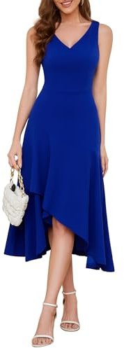 Aupuls Vestido de cóctel para mujer, midi sin mangas, vestidos festivos con volantes, vestido de fiesta para boda, azul real, L