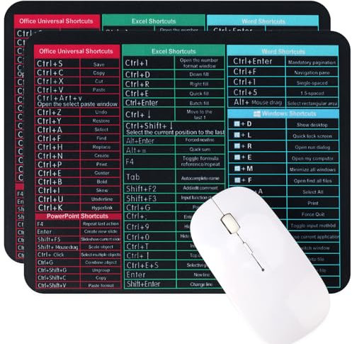 Candcamp 2 Pack Excel Shortcuts Mouse Mat,180 * 220 * 2mm Excel Cheat Sheet Desk Mat, Multifunctional Large Gaming Mouse Pad,Clear Printing Non-Slip Big Mouse Mat for Laptop,Computer,Office,Home