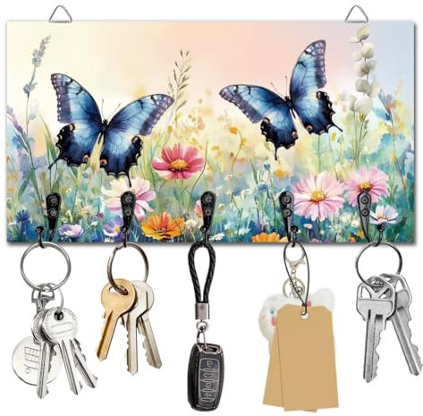 DELORIGIN Flowers Butterfly Key Holder Key Hooks Wall Mounted Wooden Key Racks Key Storage Organizer Hanger with 5 Key Hooks House Key Holder for Wall Decor Door Entryway Hallway Kitchen New Home Gift