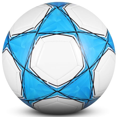 WUIOWPPIC Fußball Größe 5 Professioneller Trainingsball, Kinder Jugendliche Erwachsene Indoor Outdoor Fussbälle, Strapazierfähig Explosionsgeschützt PVC Soccer Ball für Schule Verein, Weiß-Blau