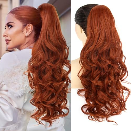 PORSMEER Pferdeschwanz Haarteil mit Klammer,Klauen Claw Clip in Haarverlängerung, 66cm Lang Voluminös Gewellt ponytail extension haarteil zopf Kupfer Rot farbe für Damen