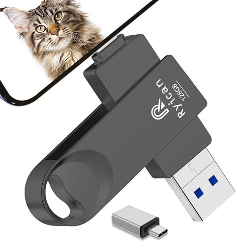 [Senza APP] Chiavetta USB per lPhone,Ryican 128GB Memoria Esterna Pendrive USB C 3.0 Chiavetta per lphone per scaricare foto 4 in 1 Photostick per iOS/Smartphone/Pad/Android/PC/Tablet,Nero