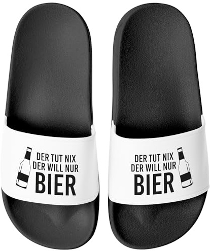 MoonWorks® Badeschlappen Spruch Lustig Der tut nix der will nur Bier Badelatschen Aufdruck Herren Umisex Badeschuhe Schwarz-weiss 41